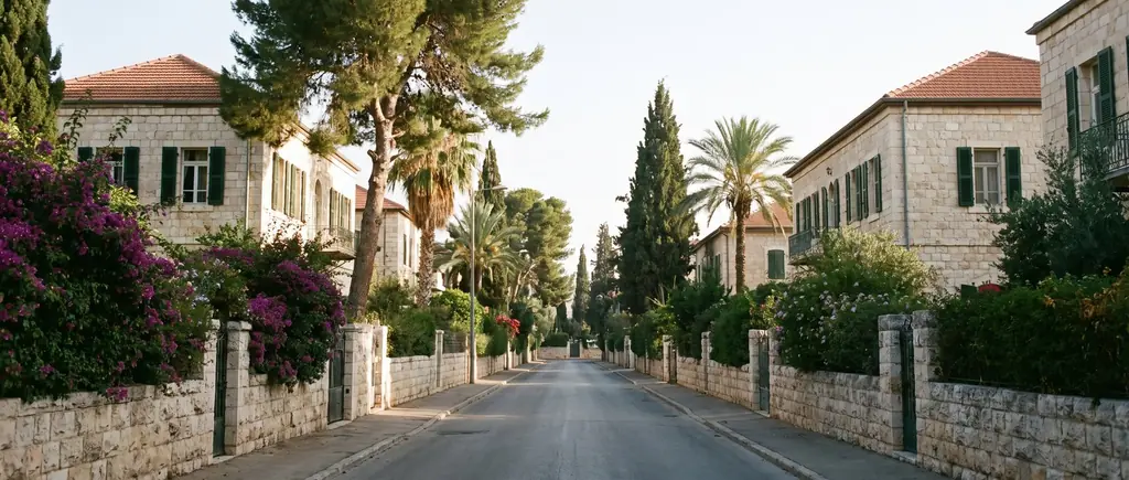 Templer-era stone houses with green shutters on a German Colony street