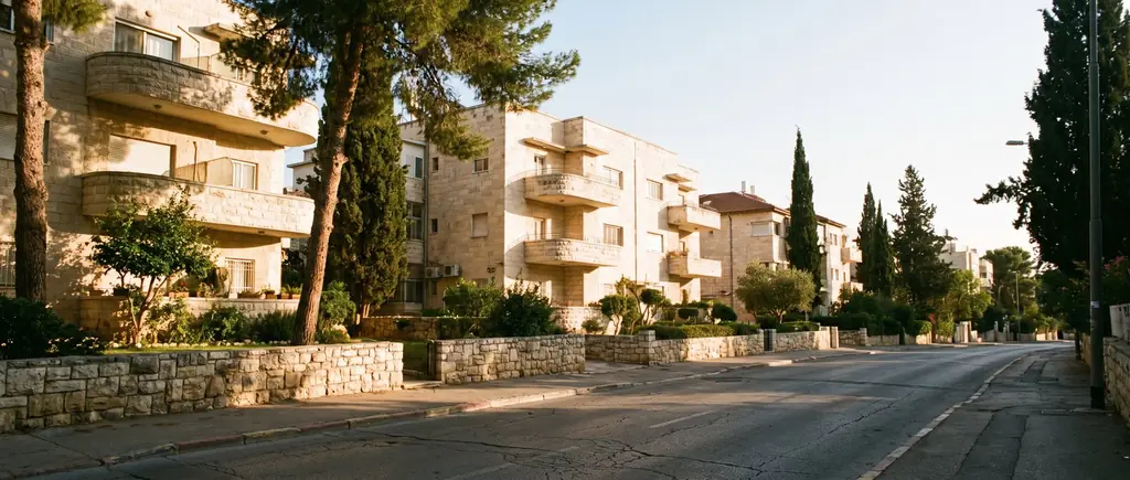 1930s stone apartment buildings and pine trees in Rechavia