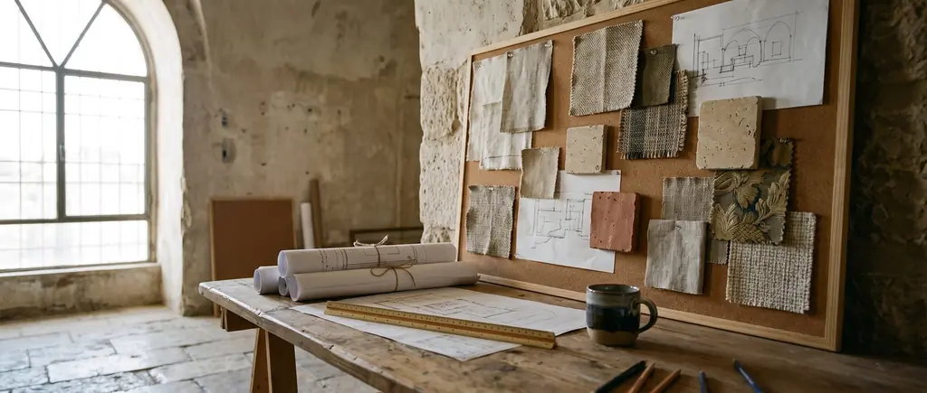 A designer's table with material samples and drawings