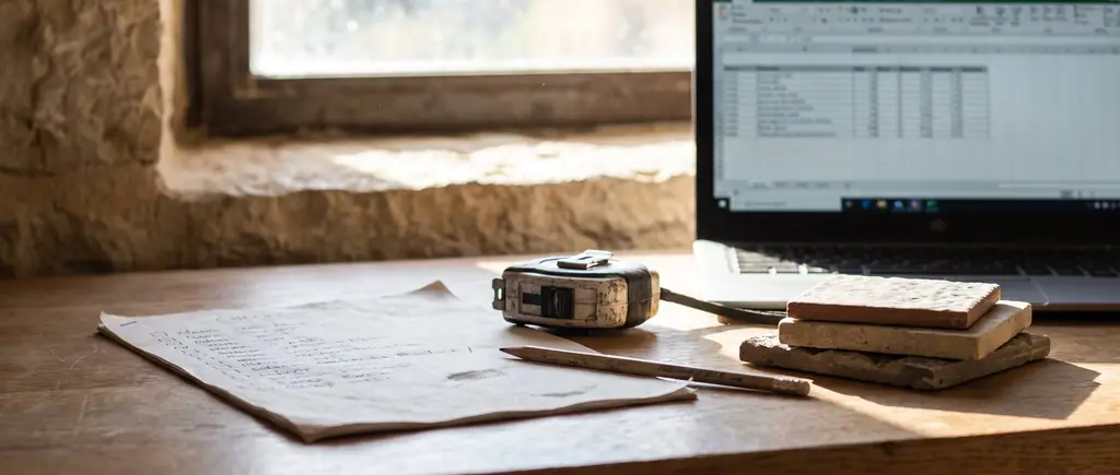 A checklist, a laptop and a tape measure on a desk by a window